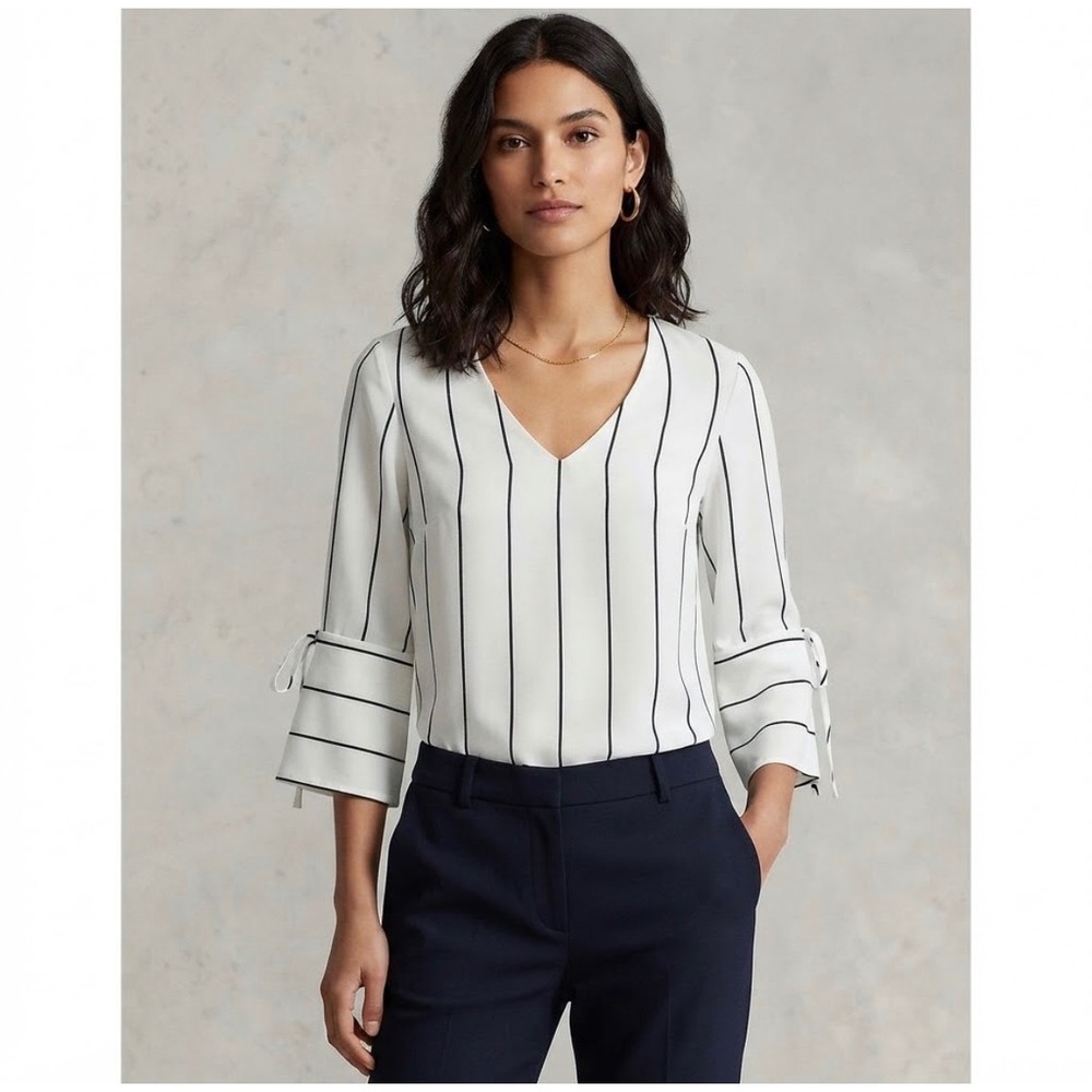 Poly Blouse Womens 0 White Black Pinstripe V-Neck Tie Cuff Lined Top Office